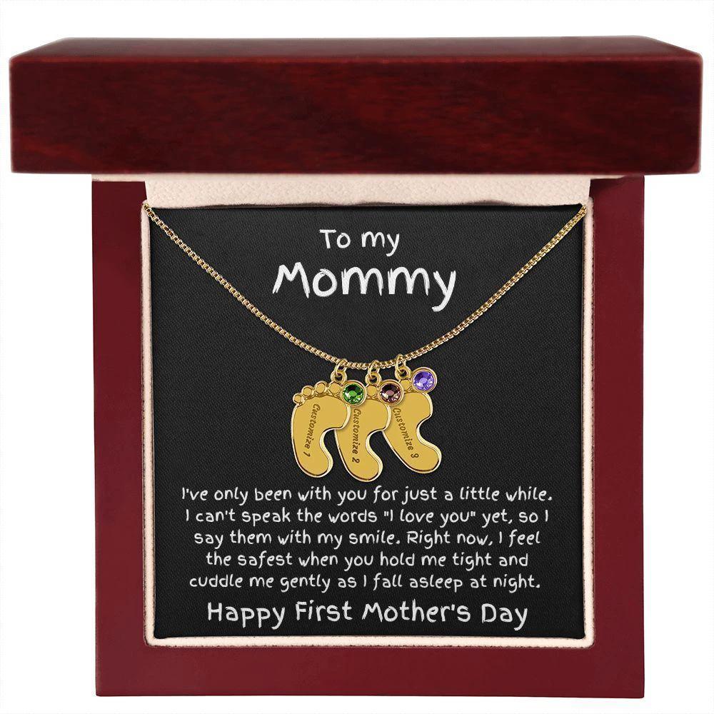 New Mom First Mother's Day Gift Engraved Baby Feet Birthstone Charm Necklace