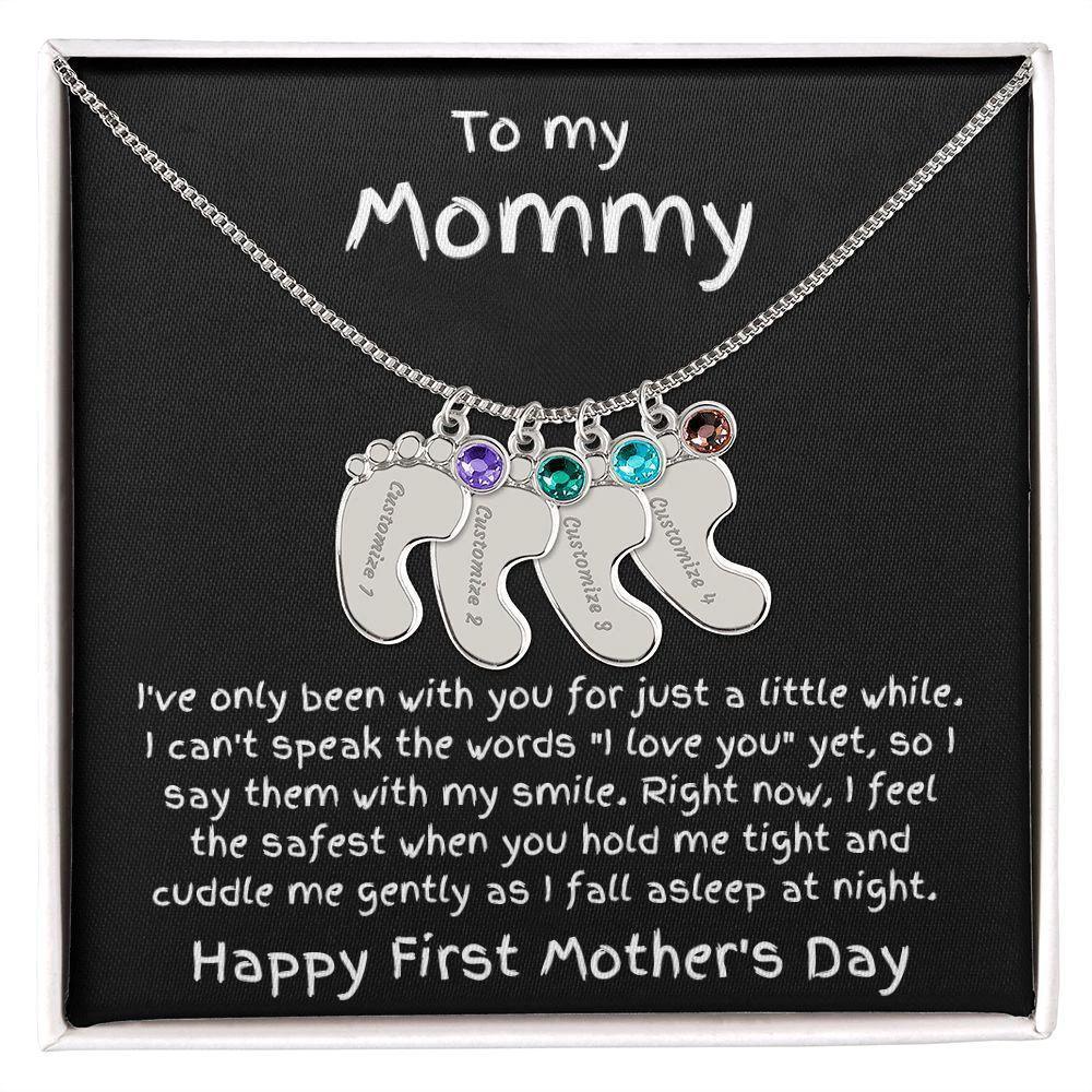 New Mom First Mother's Day Gift Engraved Baby Feet Birthstone Charm Necklace