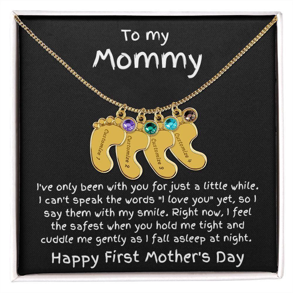New Mom First Mother's Day Gift Engraved Baby Feet Birthstone Charm Necklace