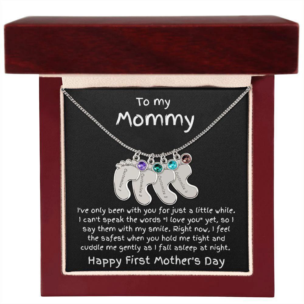 New Mom First Mother's Day Gift Engraved Baby Feet Birthstone Charm Necklace