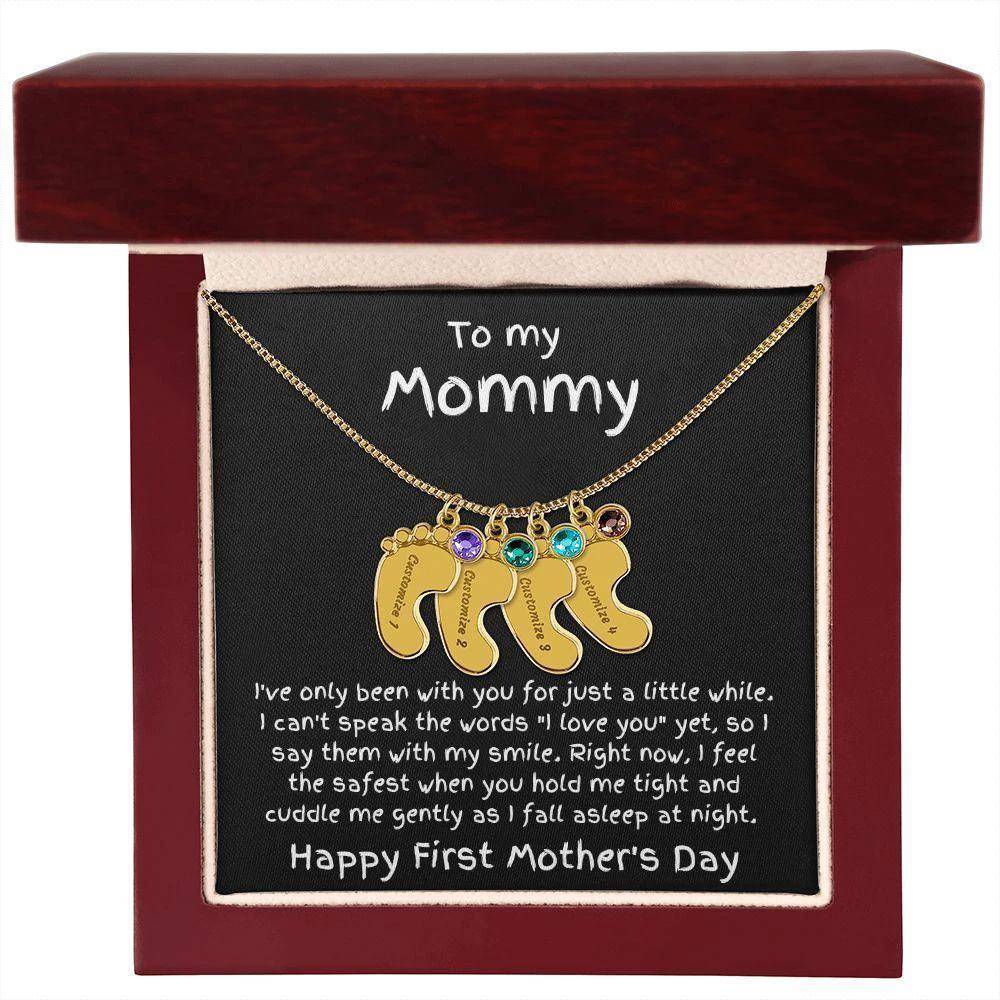 New Mom First Mother's Day Gift Engraved Baby Feet Birthstone Charm Necklace