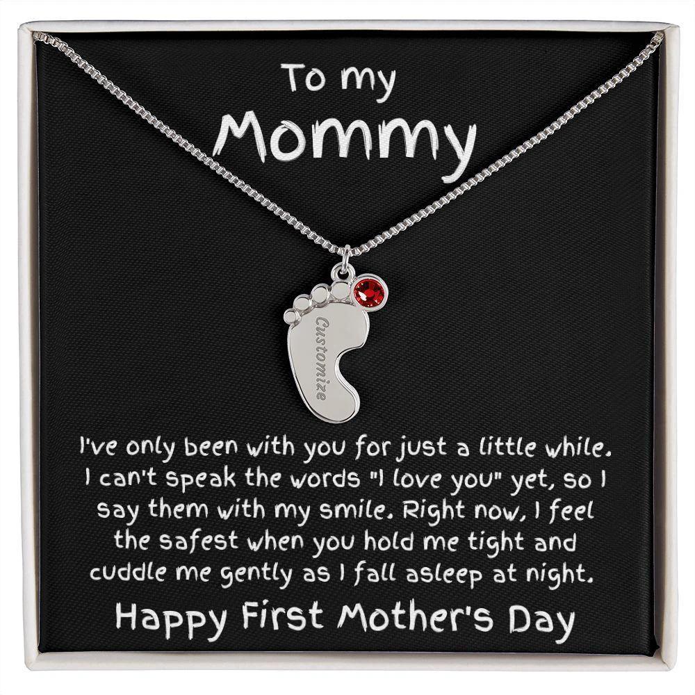 New Mom First Mother's Day Gift Engraved Baby Feet Birthstone Charm Necklace