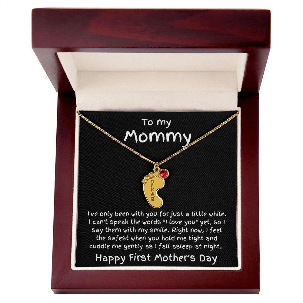 New Mom First Mother's Day Gift Engraved Baby Feet Birthstone Charm Necklace