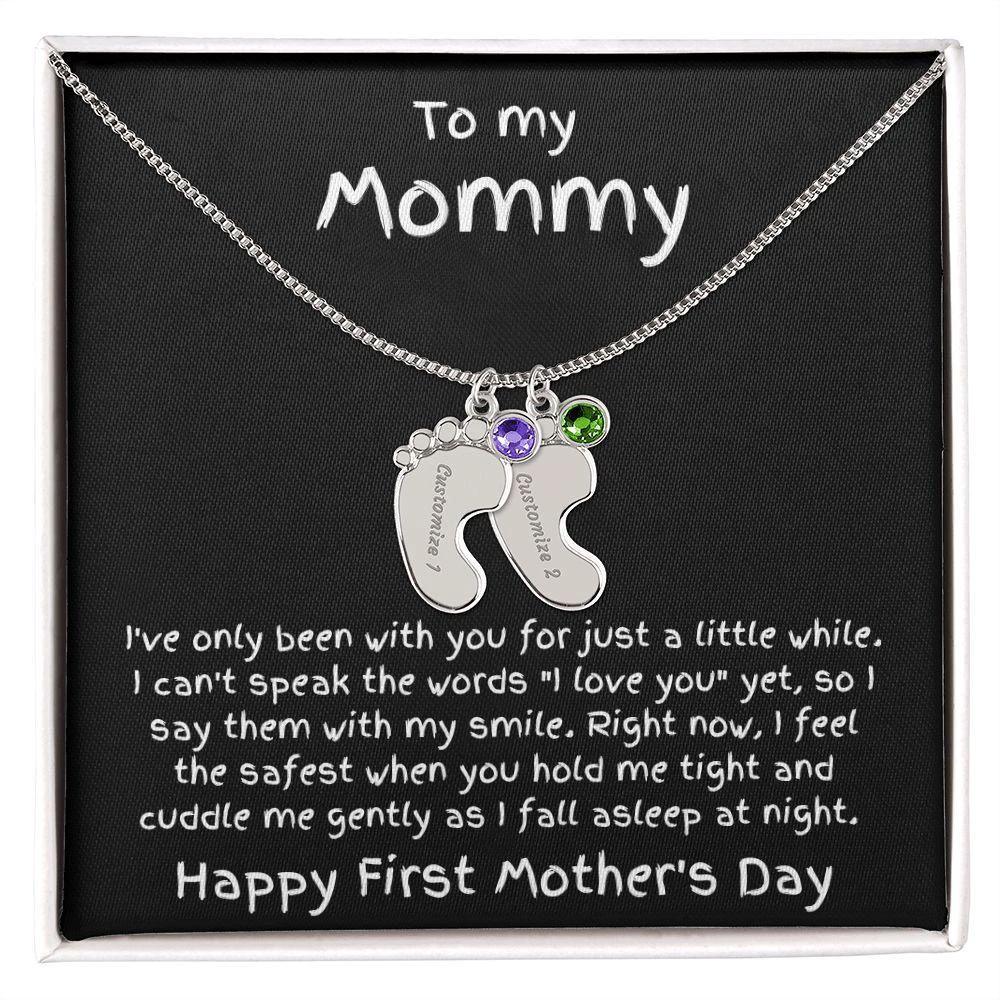 New Mom First Mother's Day Gift Engraved Baby Feet Birthstone Charm Necklace
