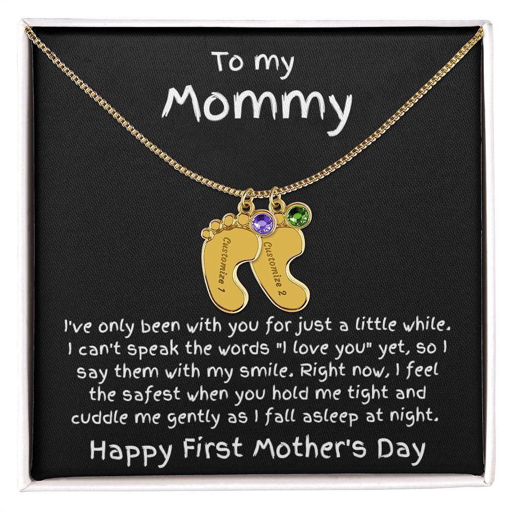 New Mom First Mother's Day Gift Engraved Baby Feet Birthstone Charm Necklace