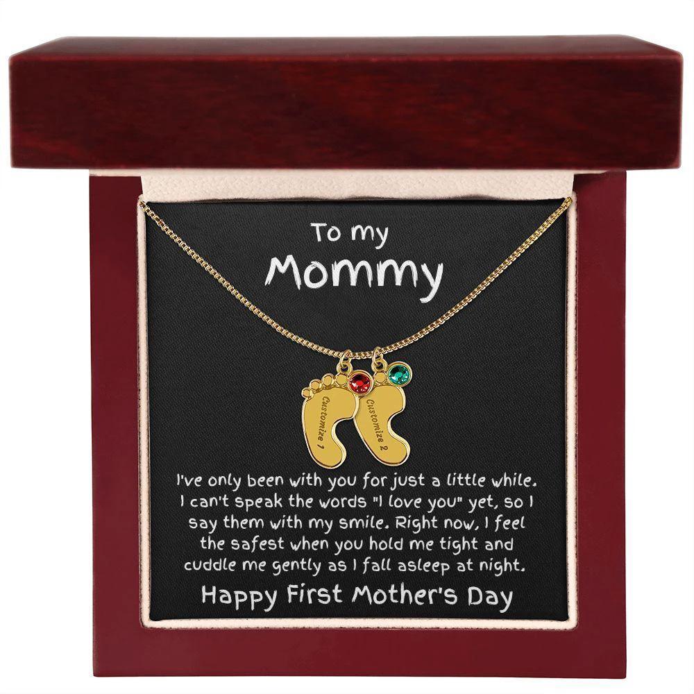 New Mom First Mother's Day Gift Engraved Baby Feet Birthstone Charm Necklace