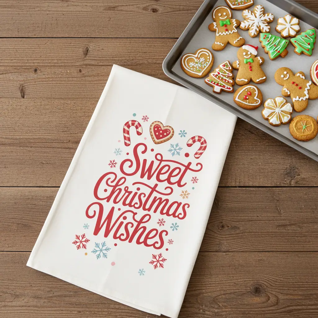 Sweet Christmas Wishes Tea Towel — Festive Holiday Kitchen Towel with Candy Cane & Cookie Design - Mallard Moon