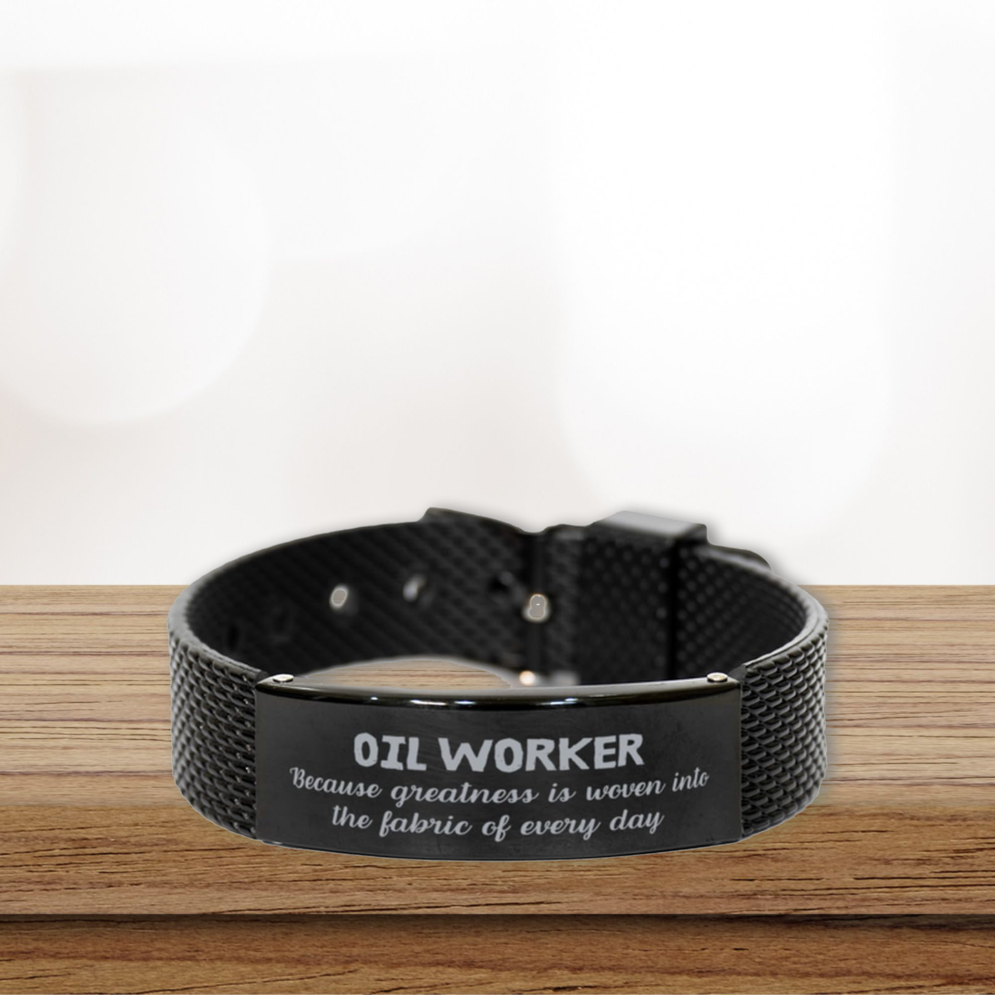 Black Stainless Steel Oil Worker Bracelet – Engraved Inspirational Gift for Men – Adjustable Mesh Wristband – Durable & Rust-Resistant – Appreciation Jewelry for Oilfield Workers, Husbands, Sons & Boyfriends - Mallard Moon Gift Shop