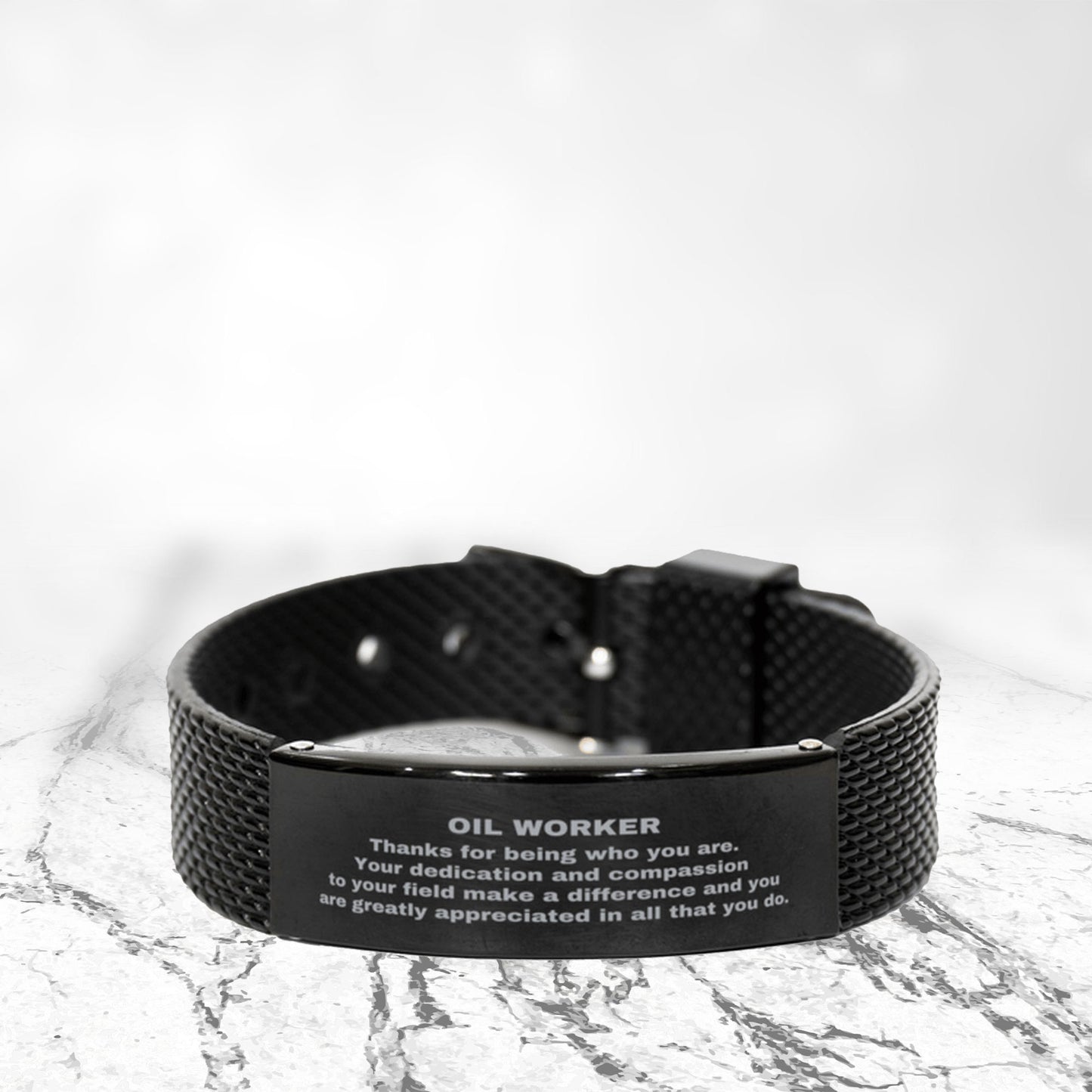 Black Stainless Steel Oil Worker Bracelet – Engraved Appreciation Gift for Men – Adjustable Mesh Wristband – Durable & Rust-Resistant – Thank You Jewelry for Oilfield Workers, Husbands, Sons & Boyfriends - Mallard Moon Gift Shop