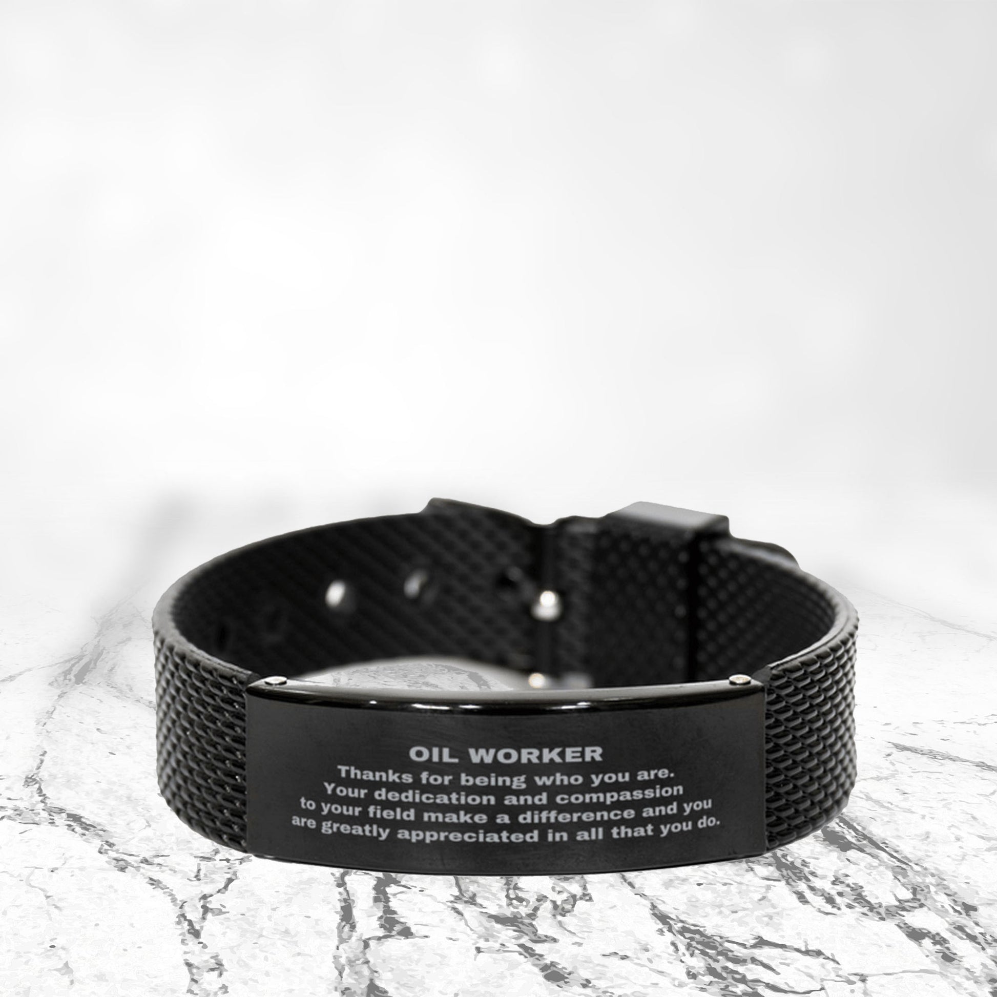 Black Stainless Steel Oil Worker Bracelet – Engraved Appreciation Gift for Men – Adjustable Mesh Wristband – Durable & Rust-Resistant – Thank You Jewelry for Oilfield Workers, Husbands, Sons & Boyfriends - Mallard Moon Gift Shop