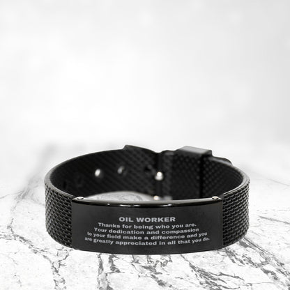 Black Stainless Steel Oil Worker Bracelet – Engraved Appreciation Gift for Men – Adjustable Mesh Wristband – Durable & Rust-Resistant – Thank You Jewelry for Oilfield Workers, Husbands, Sons & Boyfriends - Mallard Moon Gift Shop