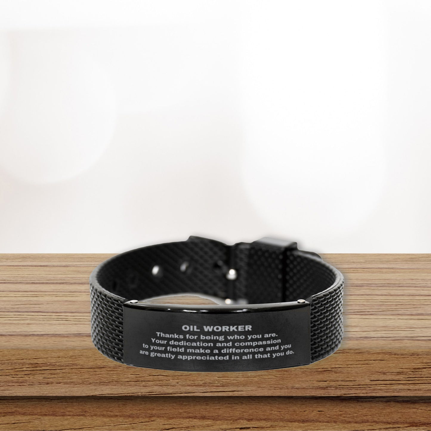 Black Stainless Steel Oil Worker Bracelet – Engraved Appreciation Gift for Men – Adjustable Mesh Wristband – Durable & Rust-Resistant – Thank You Jewelry for Oilfield Workers, Husbands, Sons & Boyfriends - Mallard Moon Gift Shop