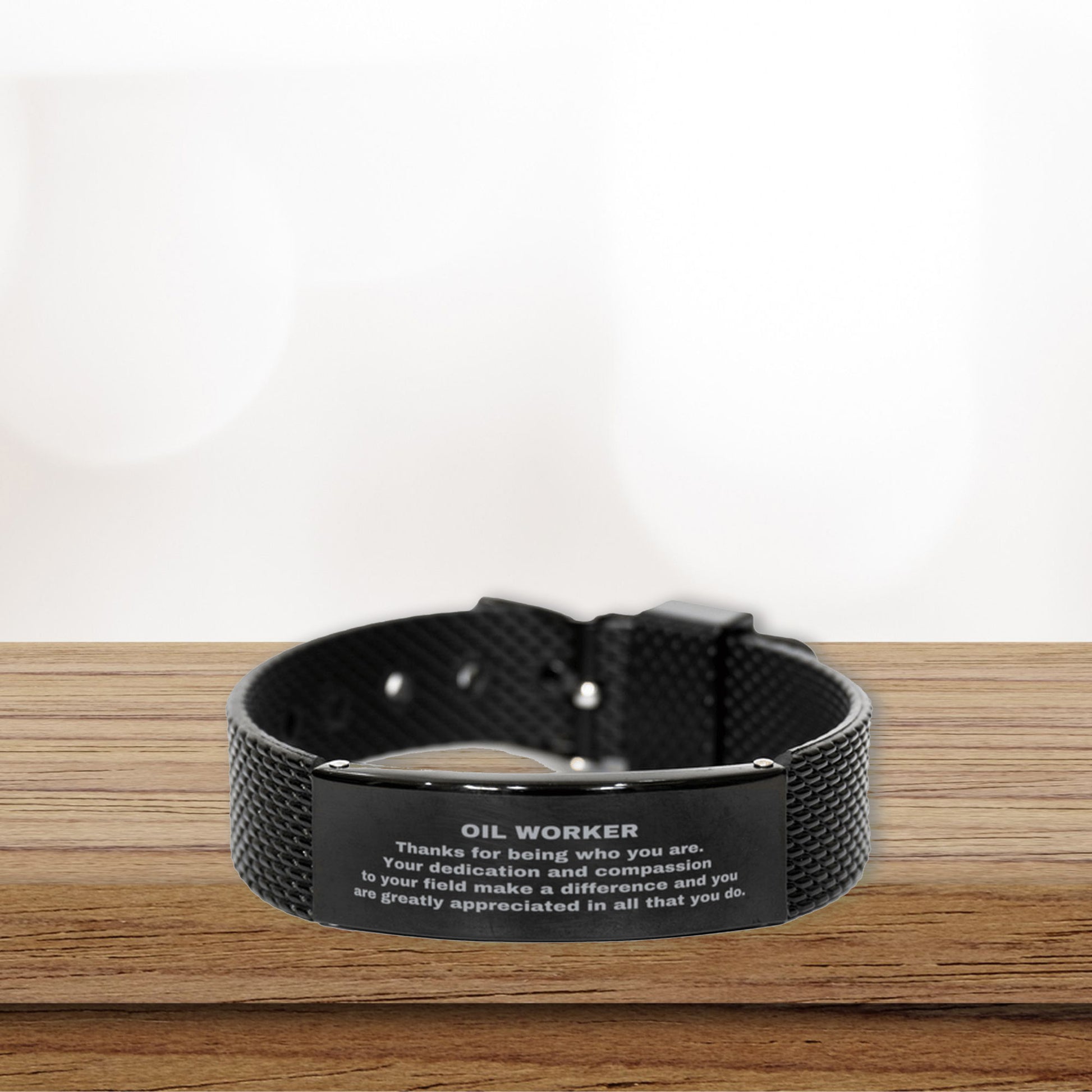 Black Stainless Steel Oil Worker Bracelet – Engraved Appreciation Gift for Men – Adjustable Mesh Wristband – Durable & Rust-Resistant – Thank You Jewelry for Oilfield Workers, Husbands, Sons & Boyfriends - Mallard Moon Gift Shop