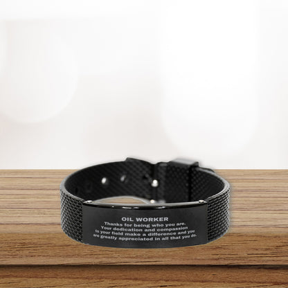Black Stainless Steel Oil Worker Bracelet – Engraved Appreciation Gift for Men – Adjustable Mesh Wristband – Durable & Rust-Resistant – Thank You Jewelry for Oilfield Workers, Husbands, Sons & Boyfriends - Mallard Moon Gift Shop