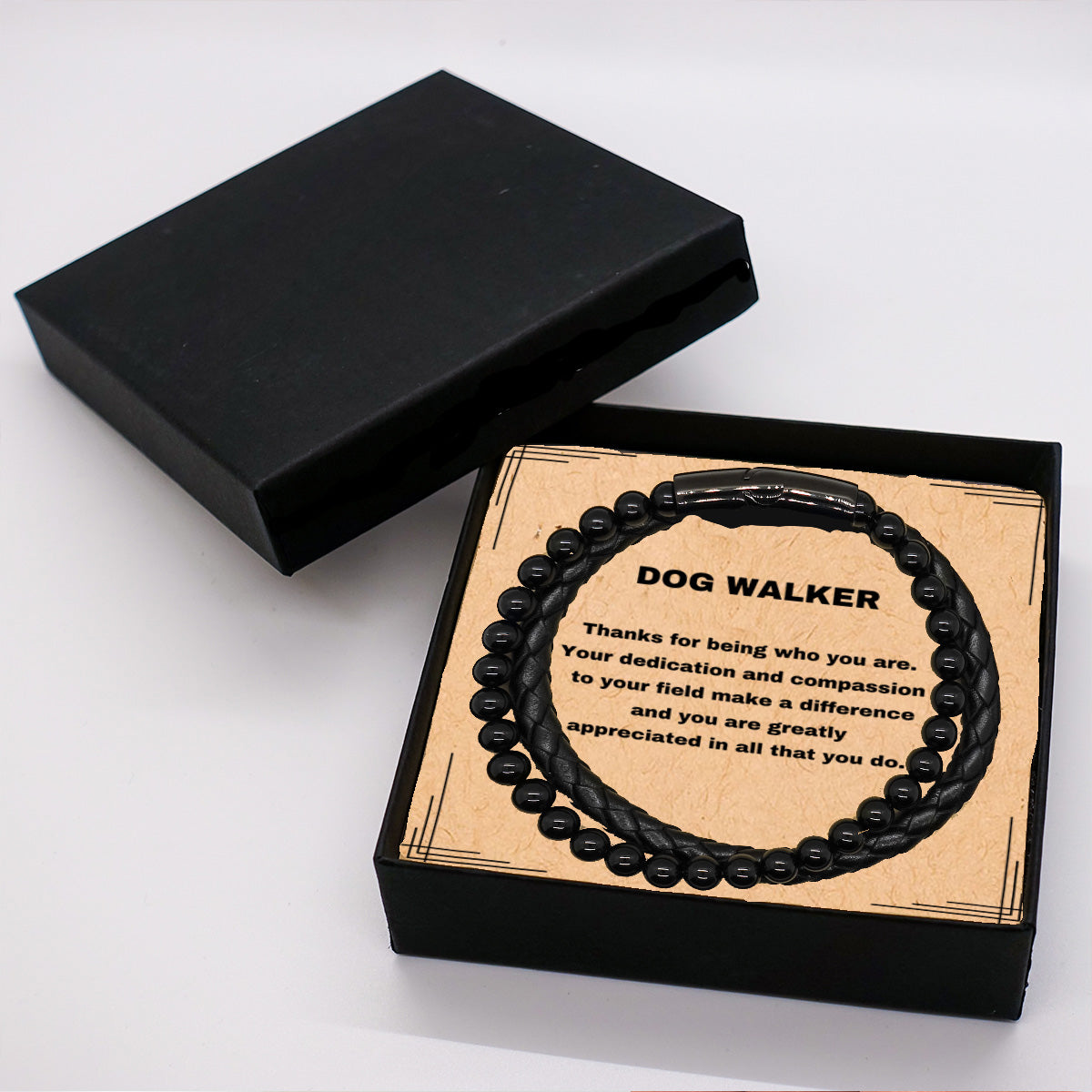 Dog Walker Black  Braided Leather Stone Bracelet - Thanks for being who you are - Birthday Christmas Jewelry Gifts Coworkers Colleague Boss - Mallard Moon Gift Shop