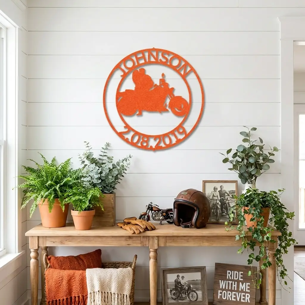 Personalized Motorcycle Couple Metal Wall Art Sign – Custom Names and Date Steel Sign – Biker Wedding Gift – Anniversary Decor – Ride Together Wall Art