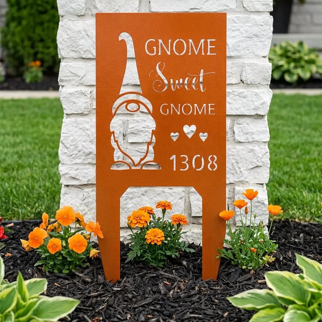 Personalized Gnome Sweet Gnome Address Sign | Custom Metal House Number Sign | Gnome Welcome Wall Decor | Outdoor Address Plaque | Made in USA