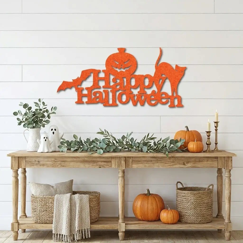 Happy Halloween Metal Wall Art Sign – Pumpkin Bat Cat Halloween Decor – Outdoor Powder Coated Steel Sign – Spooky Farmhouse Porch Decor