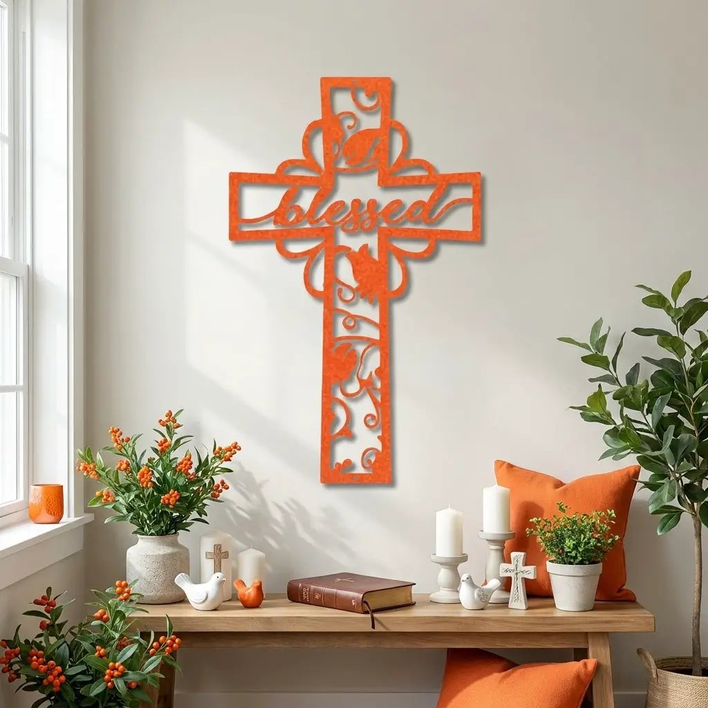 Blessed Cross Metal Wall Art | Christian Floral Cross Decor | Inspirational Faith Wall Hanging