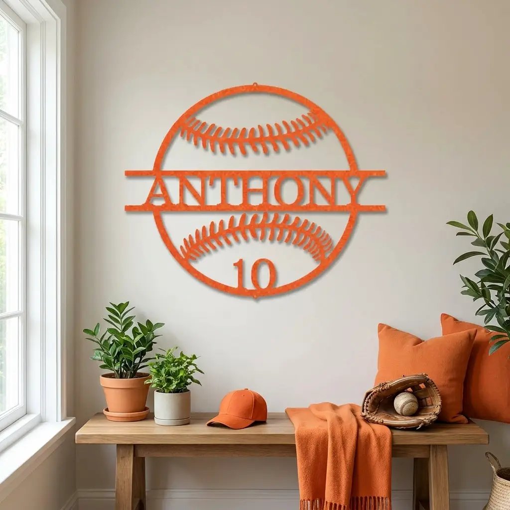 Personalized Baseball Metal Wall Art | Custom Name and Number Baseball Sign | Player Room Decor