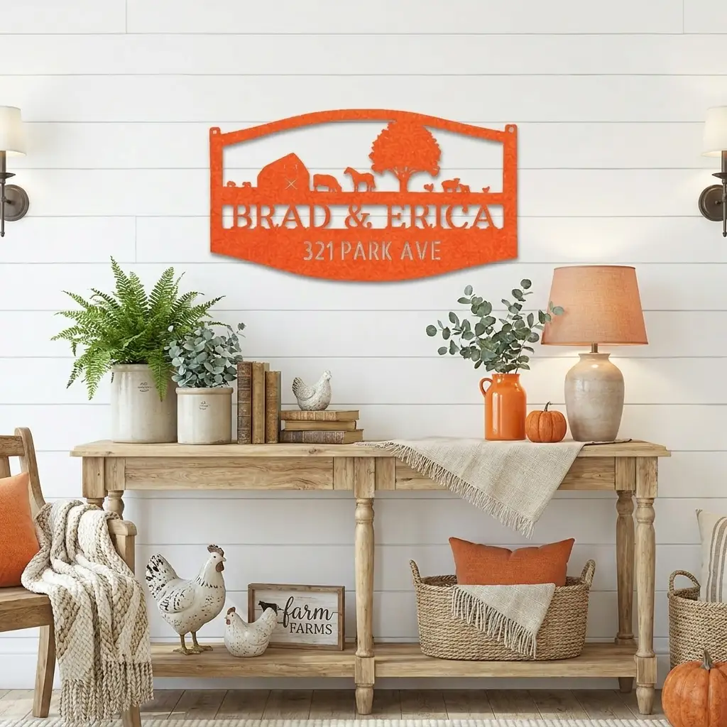 Farm Scene Custom Name Indoor Outdoor Monogram Steel Wall Sign