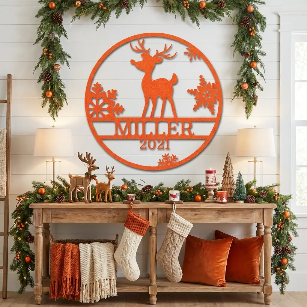 Rudolph Reindeer Christmas Personalized Metal Sign | Custom Family Name & Year Holiday Wall Art | Reindeer Snowflake Metal Decor | Christmas Gift for Family