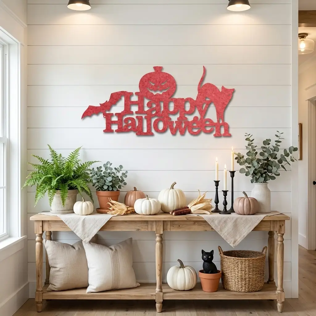 A red metal 'Happy Halloween' wall sign with a cat silhouette is displayed on a white shiplap wall above a styled wooden console table decorated with pumpkins, ferns, and candles.