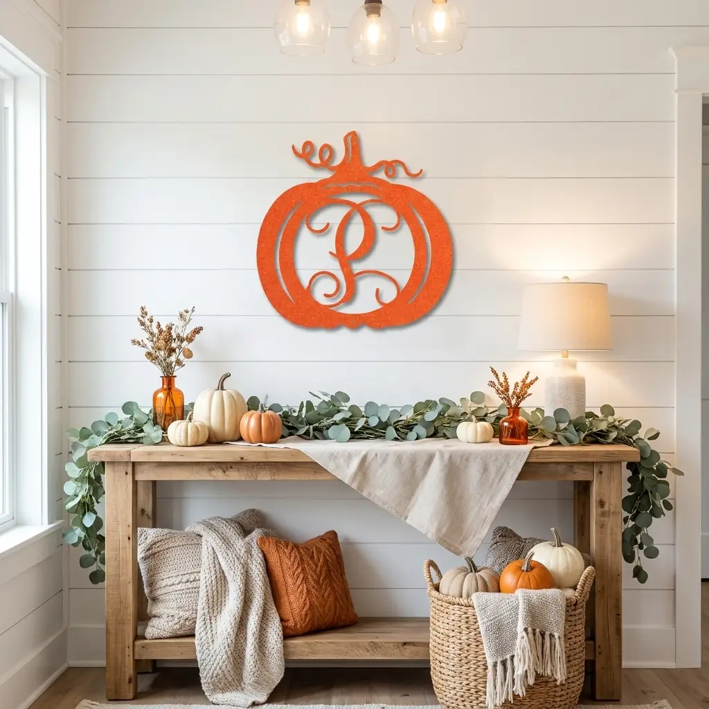 Pumpkin Custom Family Name Initial Monogram Indoor Outdoor Steel Wall Sign