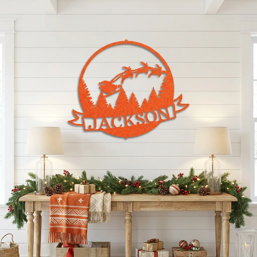 Personalized Santa Sleigh Flying Through Sky Metal Wall Art – Custom Family Name Banner Christmas Sign – Holiday Steel Décor (5 Sizes, 5 Colors)