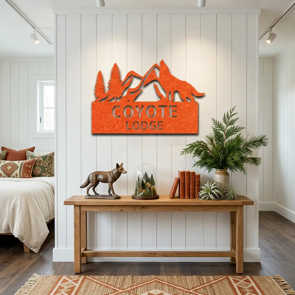 Coyote and Mountains Custom Name Metal Wall Sign