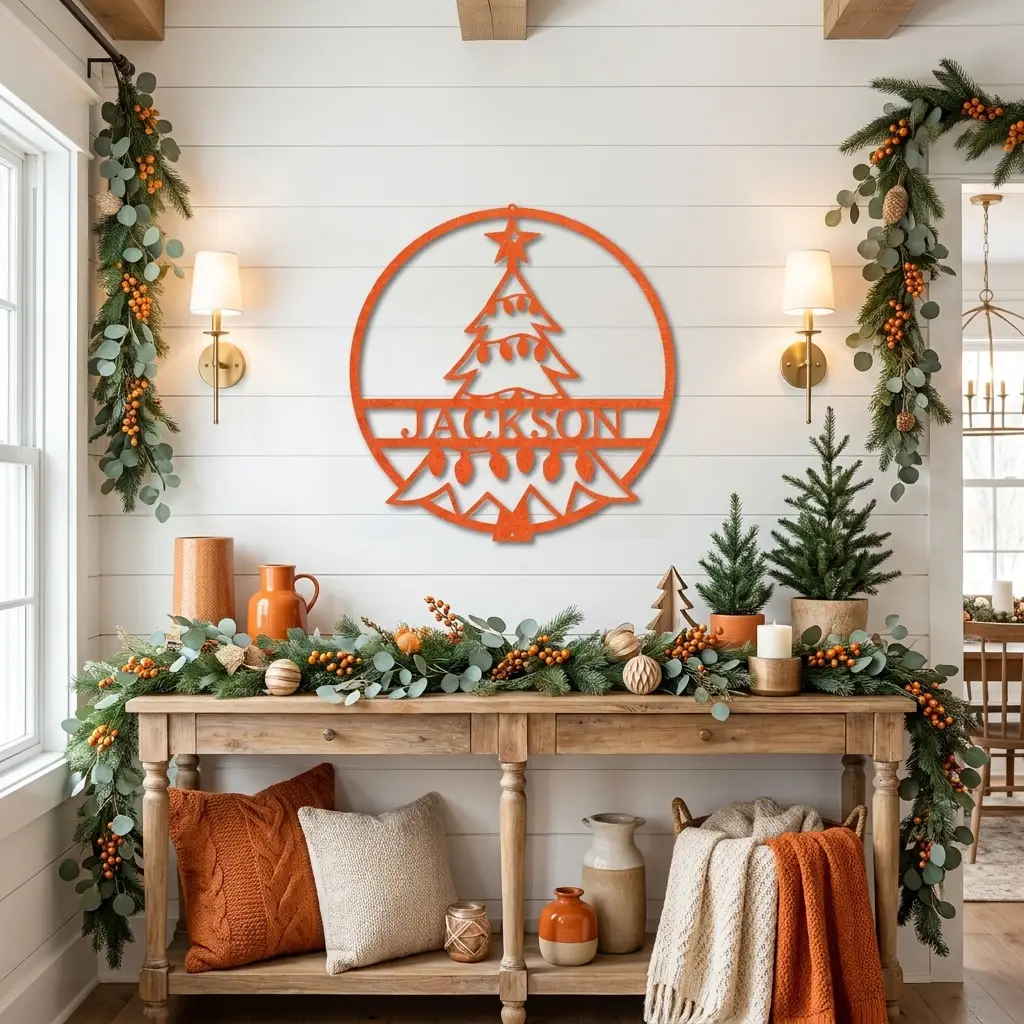 Personalized Christmas Tree Metal Wall Art – Custom Family Name Holiday Sign – Handmade Steel Décor (5 Sizes, 5 Colors)
