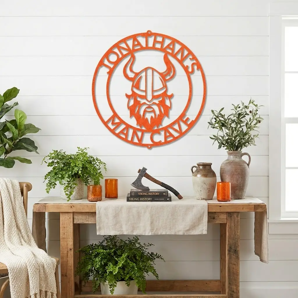 Personalized Viking Metal Wall Art | Custom Viking Name Sign | Norse Warrior Steel Wall Decor | Viking Helmet Home Decoration | Made in USA