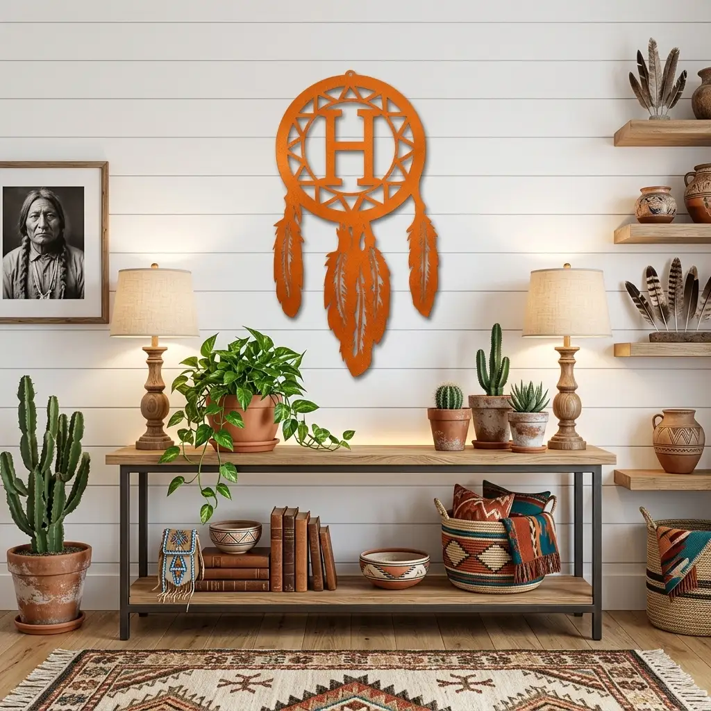 Personalized Dreamcatcher Metal Wall Art – Custom Initial Southwestern Feather Décor