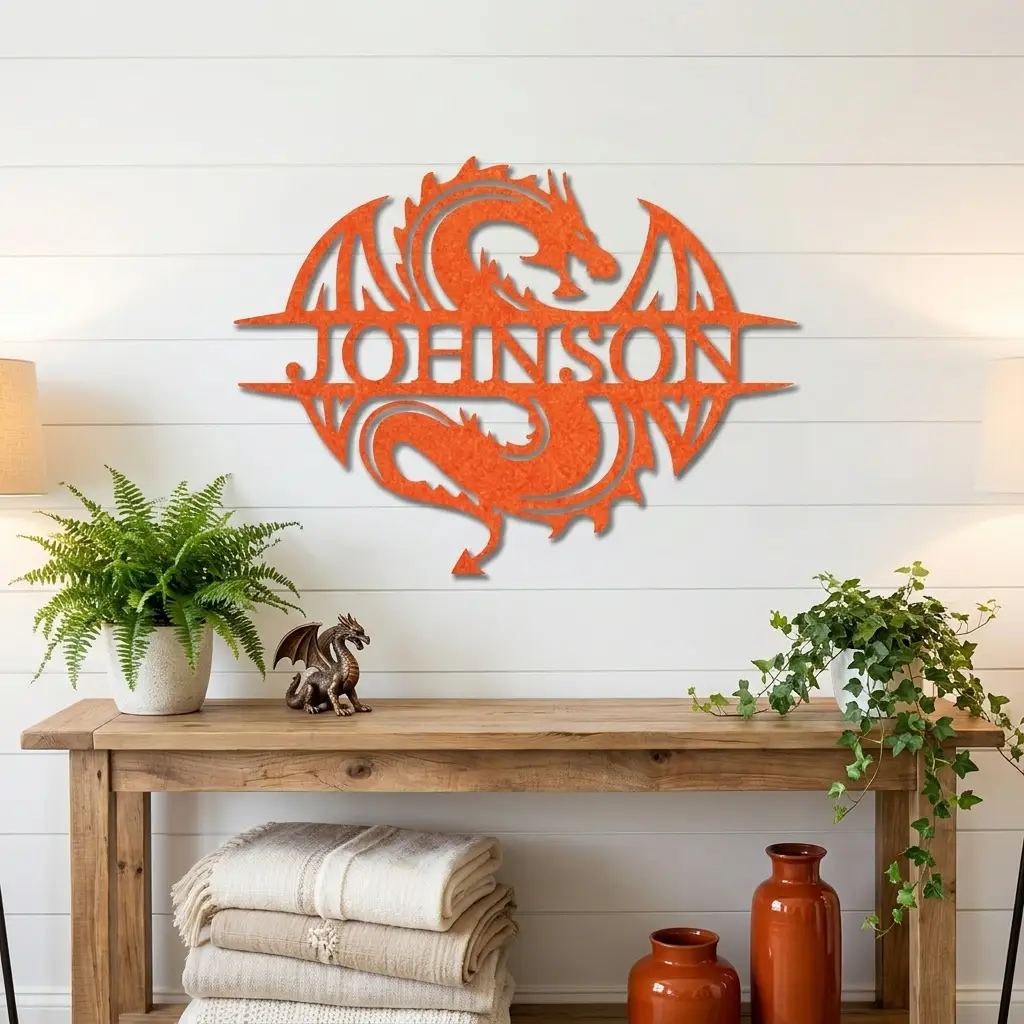 Celtic Dragon Monogram Personalized Name Indoor Outdoor Steel Wall Sign Metal Art