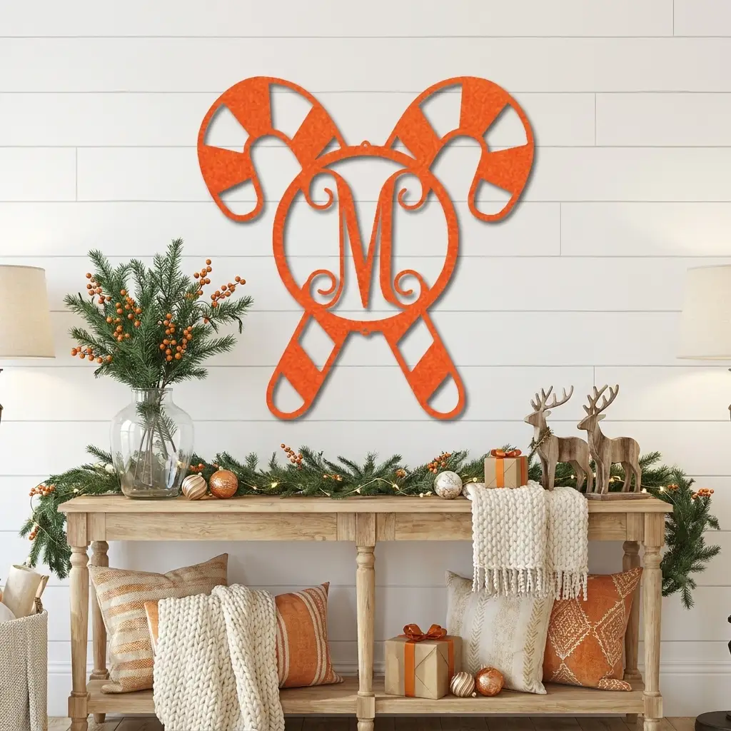 Personalized Candy Cane Monogram Metal Wall Art – Custom Initial Christmas Sign – Holiday Steel Décor (5 Sizes, 5 Colors)