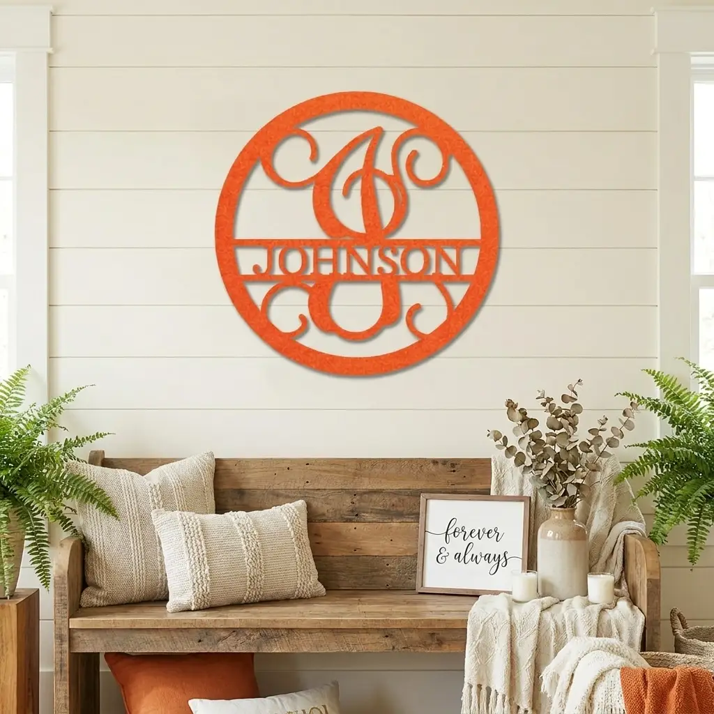 Circle Vine Monogram Personalized Name Indoor Outdoor Steel Wall Sign Metal Art