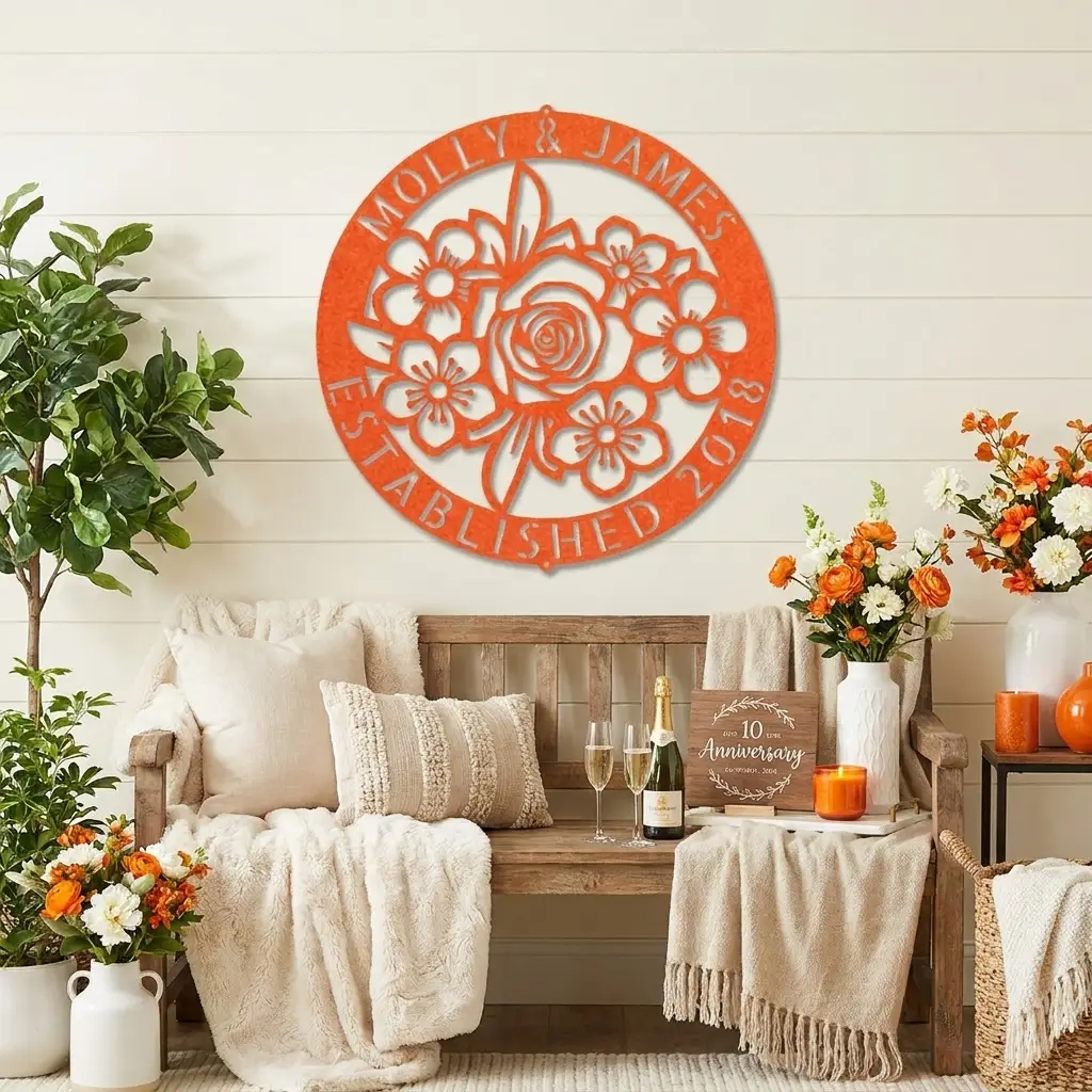 Personalized Floral Family Name Metal Sign | Custom Established Date Wall Art | Round Flower Monogram Steel Decor | Wedding, Anniversary & Housewarming Gift