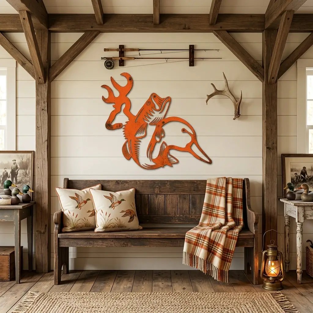 Hunting & Fishing Metal Wall Art – Deer, Duck and Bass Rustic Steel Sign