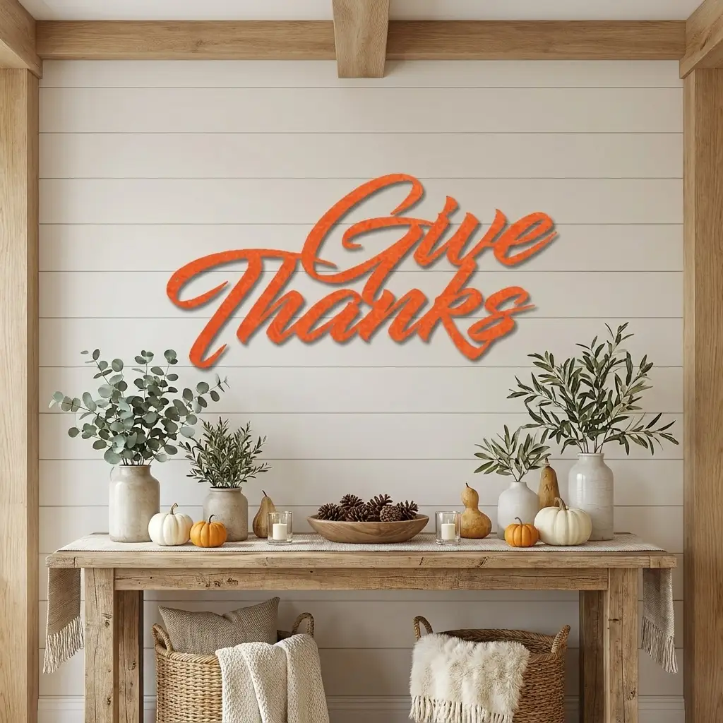 Give Thanks Metal Sign, Farmhouse Wall Decor, Thanksgiving Decor, Script Wall Art, Fall Home Decor, Gratitude Sign