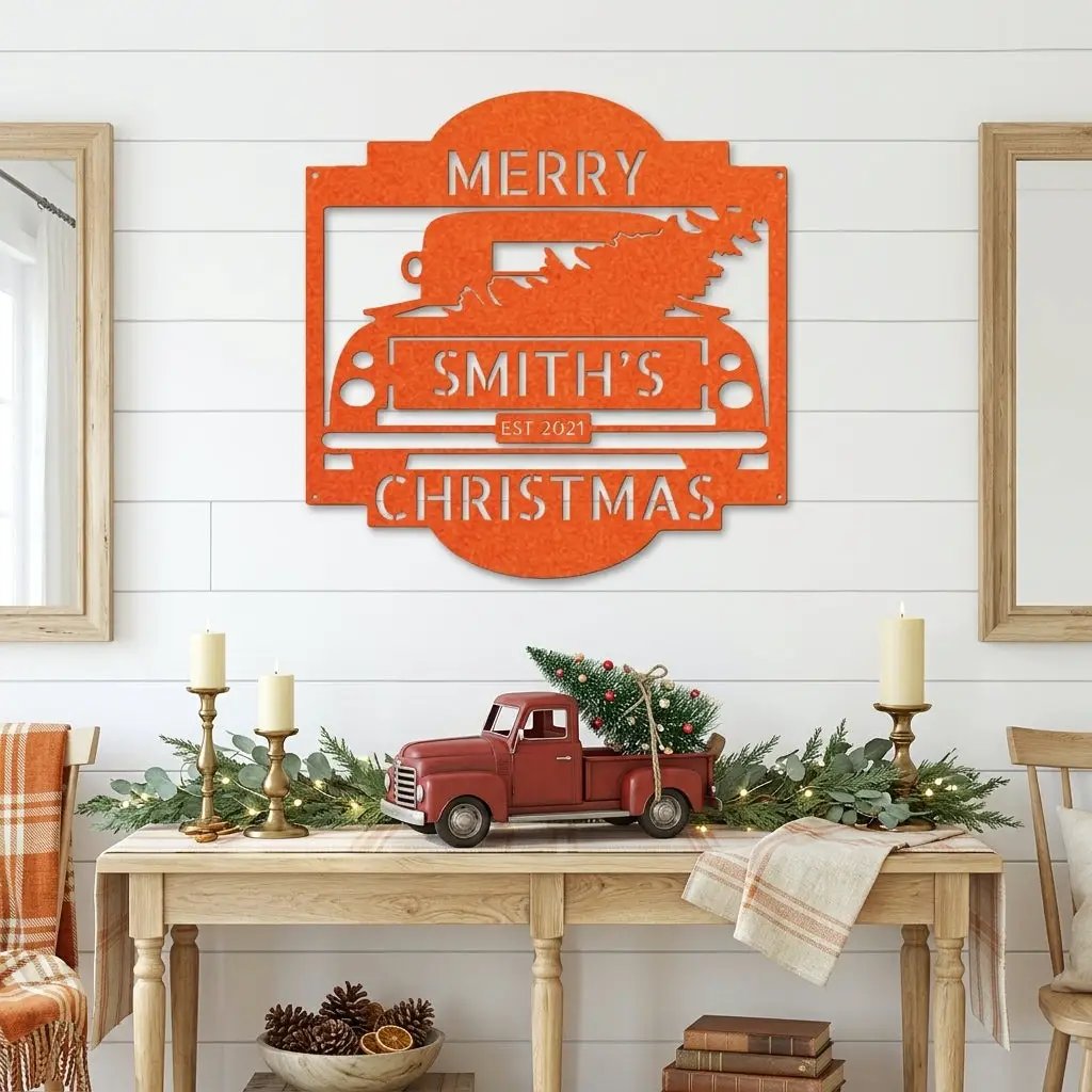 Christmas Truck Personalized Metal Wall Sign | Custom Family Holiday Wall Art | Vintage Truck Christmas Decor | Personalized Name & Year Metal Sign | Made in USA