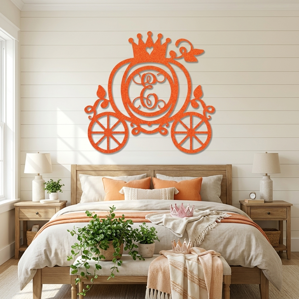 Personalized Fairytale Pumpkin Carriage Metal Wall Art | Custom Initial Princess Carriage Sign | Monogram Metal Decor | Made in USA