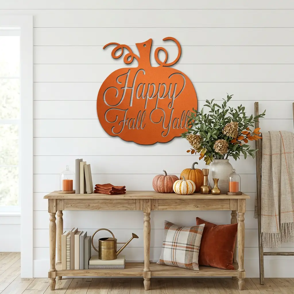 Happy Fall Y'all Pumpkin Metal Wall Art | Autumn Pumpkin Wall Decor | Rustic Farmhouse Fall Sign | Thanksgiving Porch & Entryway Decor | Seasonal Metal Wall Hanging | Made in USA
