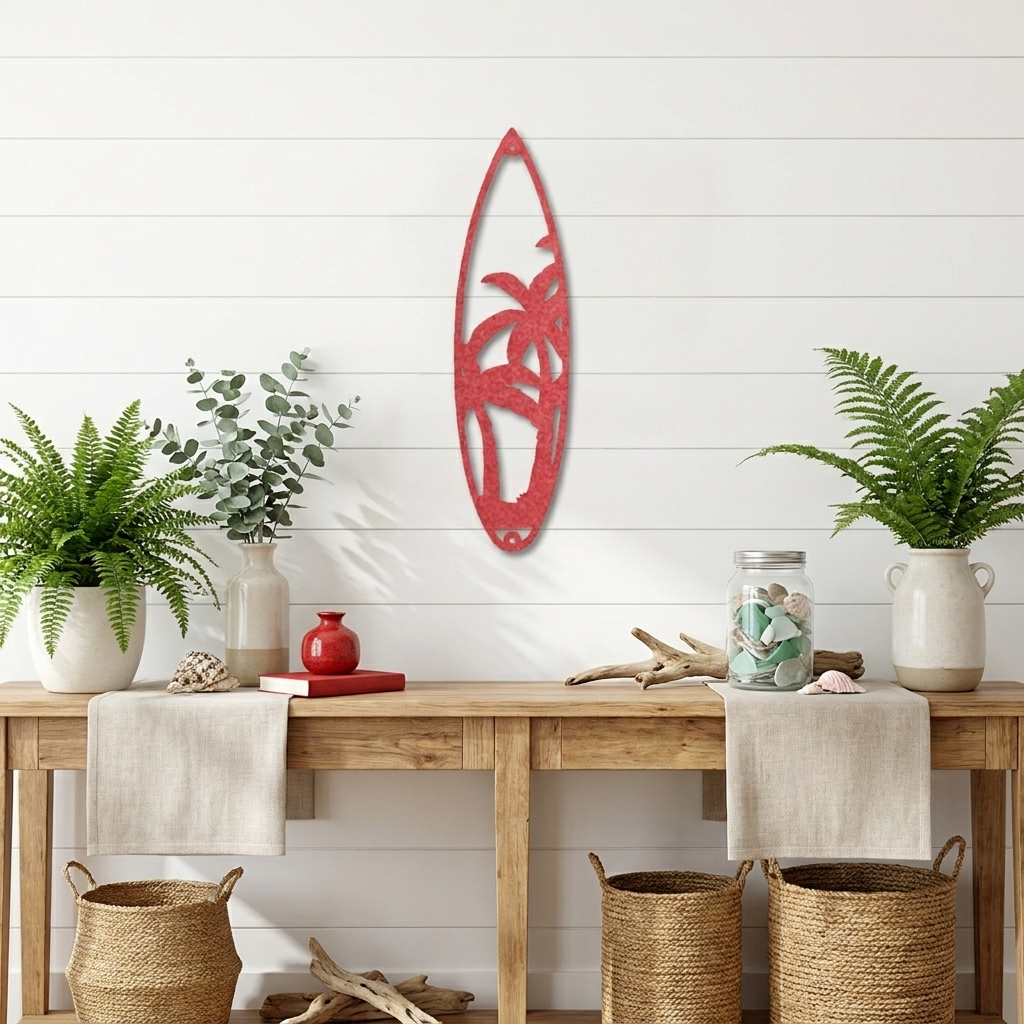 Palm Tree Surfboard Metal Wall Art | Tropical Coastal Beach Decor | Surfboard Shaped Metal Wall Hanging | Island & Ocean Home Decor | Made in USA