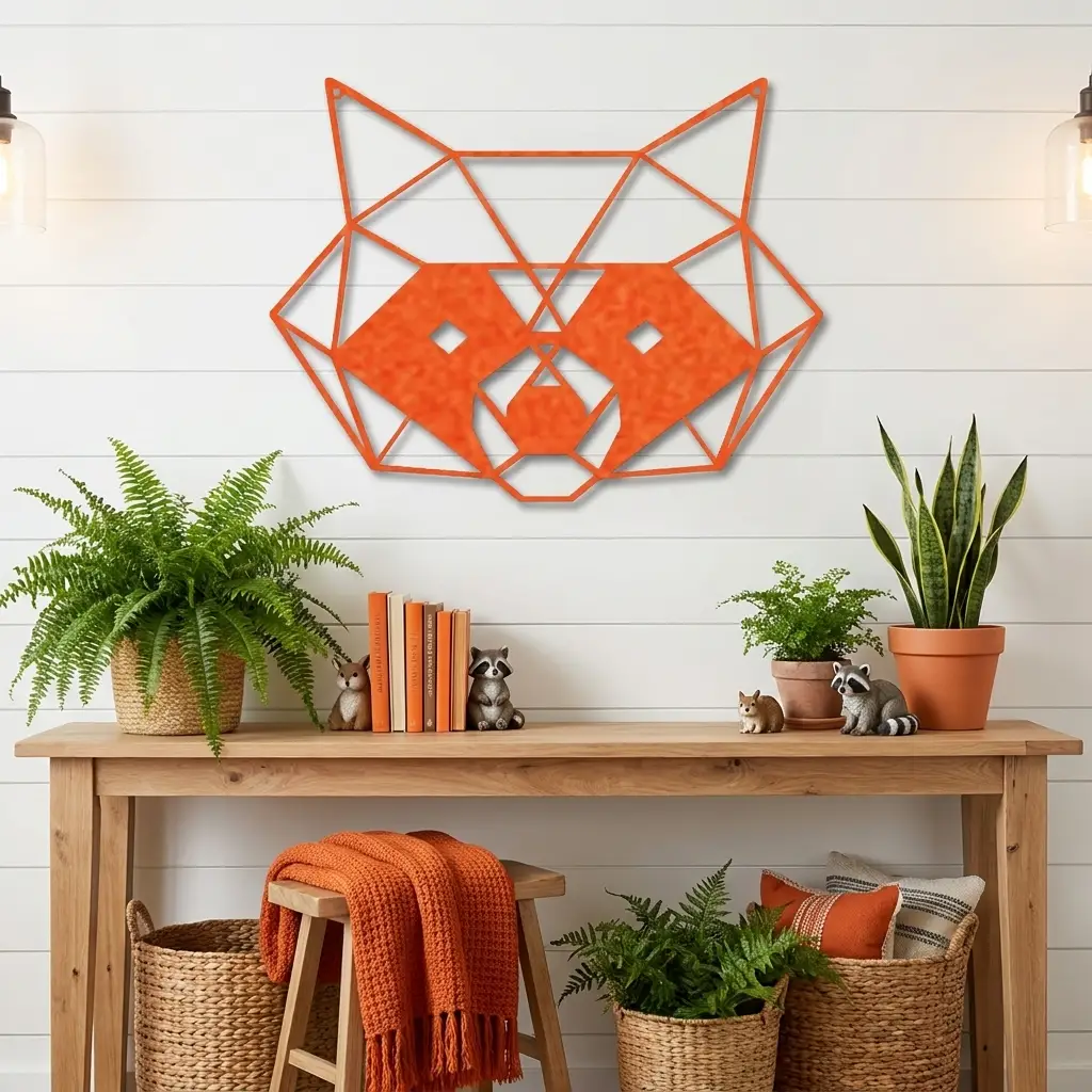 Geometric Raccoon Metal Wall Art – Modern Wildlife Steel Sign, Rustic Cabin Decor, Forest Animal Wall Hanging, Laser Cut Metal Art 12"–36"