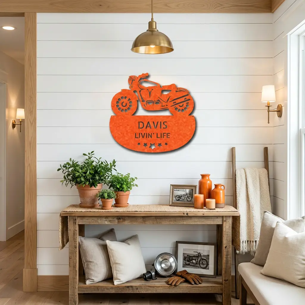 Personalized Motorcycle Metal Wall Sign – Custom Name Laser-Cut Steel Art for Indoors & Outdoors