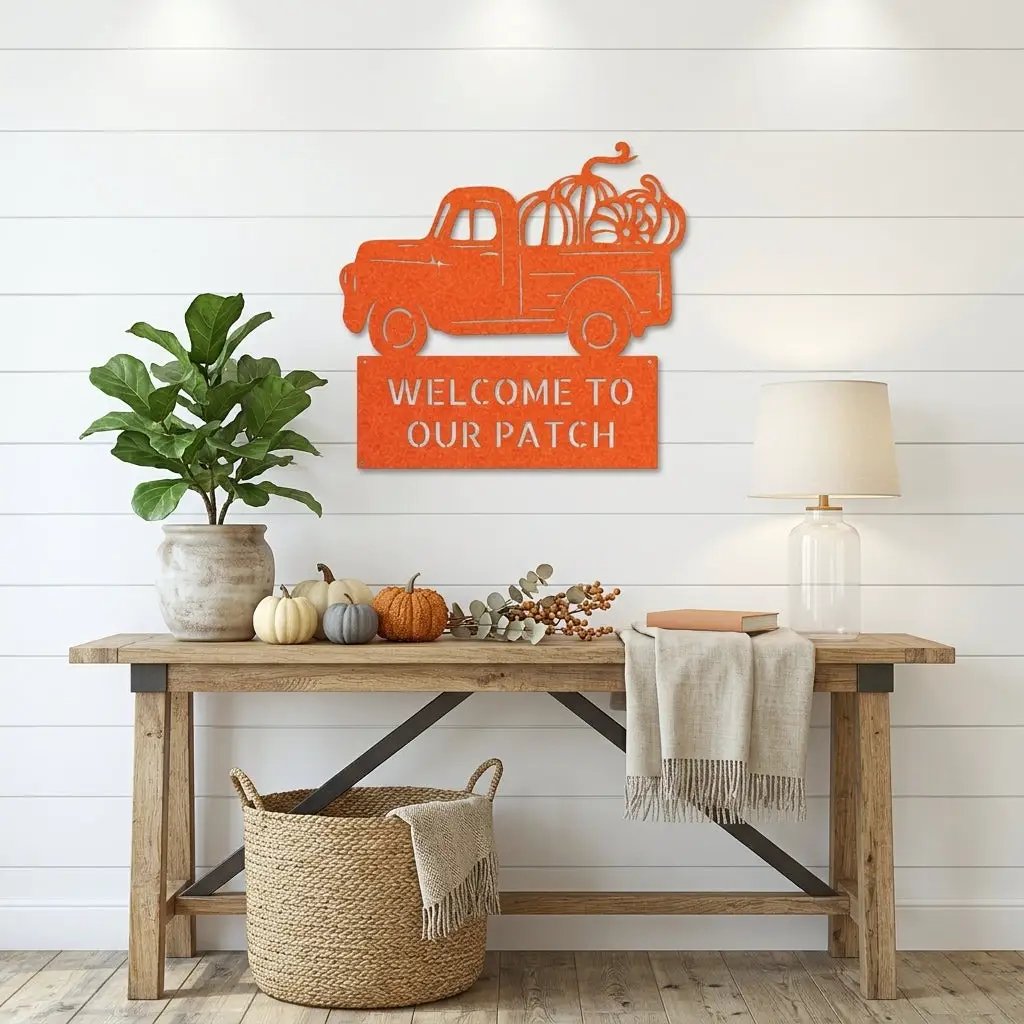 Personalized Vintage Pumpkin Truck Metal Wall Art | Custom Fall Harvest Sign | Farmhouse Autumn Decor | Welcome Pumpkin Patch Sign | Rustic Thanksgiving Wall Decor | Made in USA