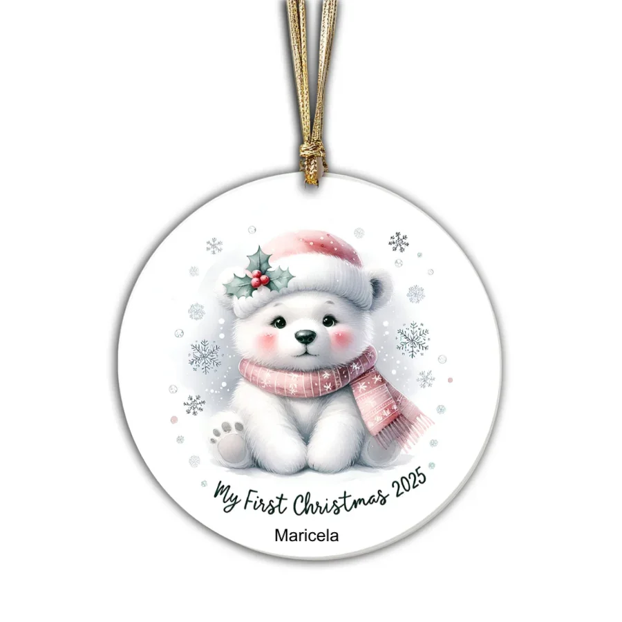My First Christmas 2025 Polar Bear Ornament – Baby’s First Christmas Keepsake, Cute Newborn Gift, Durable MDF Ornament with Gold Cord