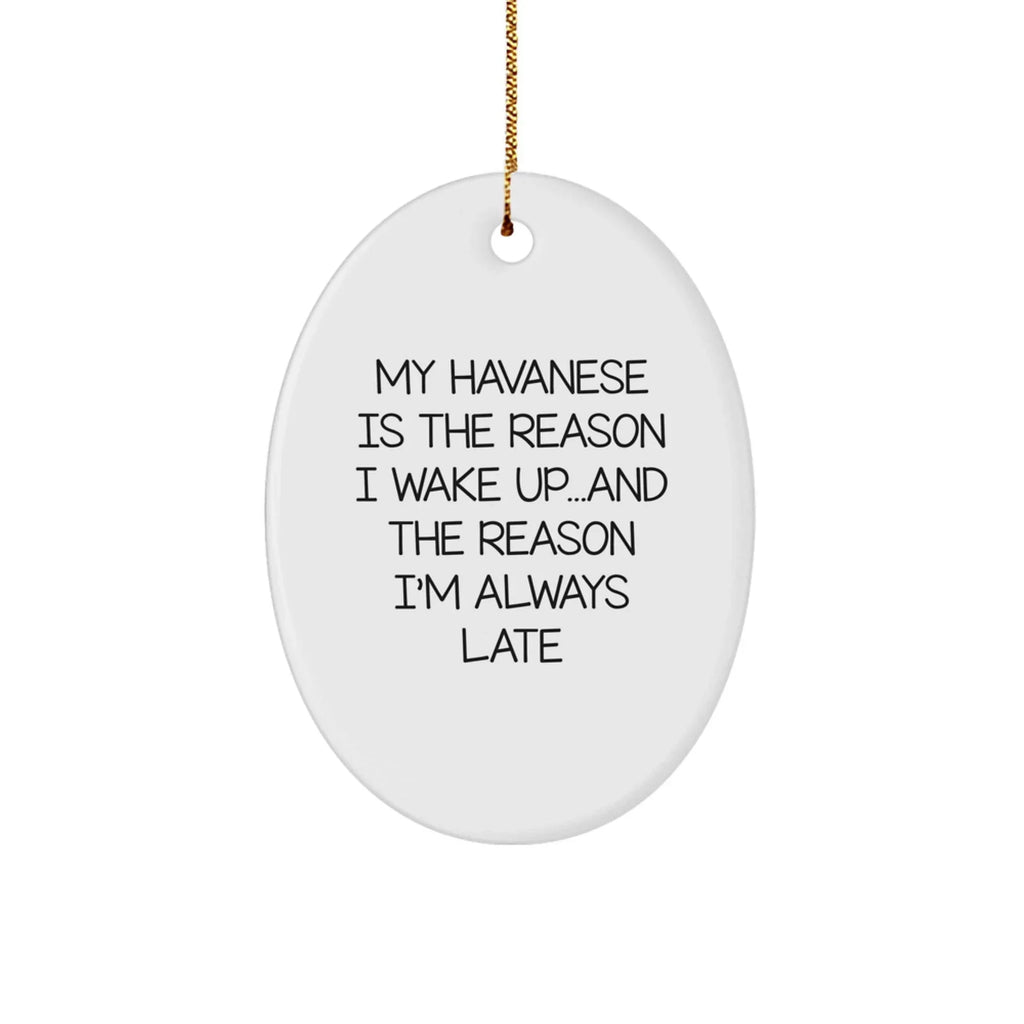 My Havanese Is The Reason I Wake Up... and The Reason I'm Always Late | Oval MDF Ornament with Gloss Finish & Gold Cord