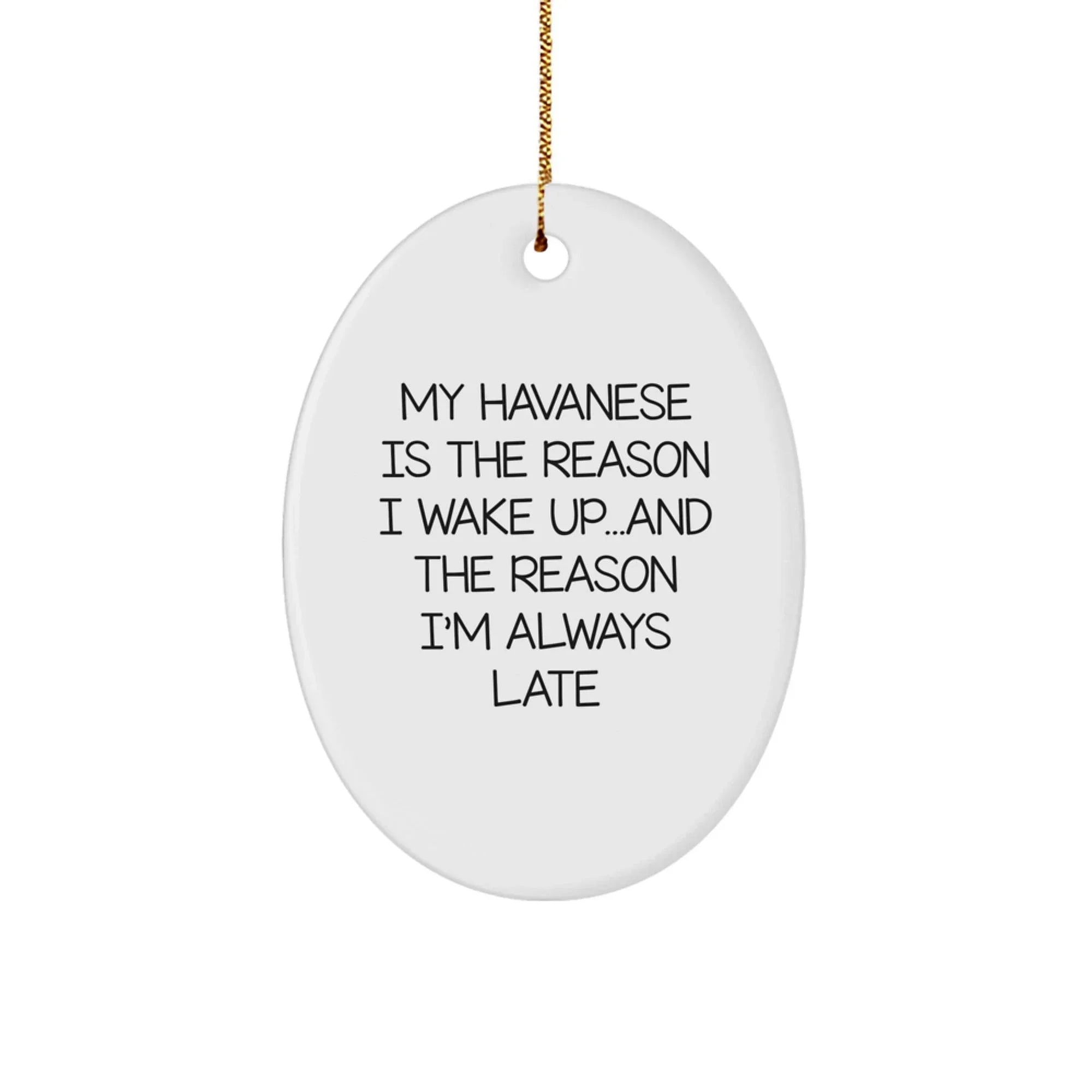My Havanese Is The Reason I Wake Up... and The Reason I'm Always Late | Oval MDF Ornament with Gloss Finish & Gold Cord