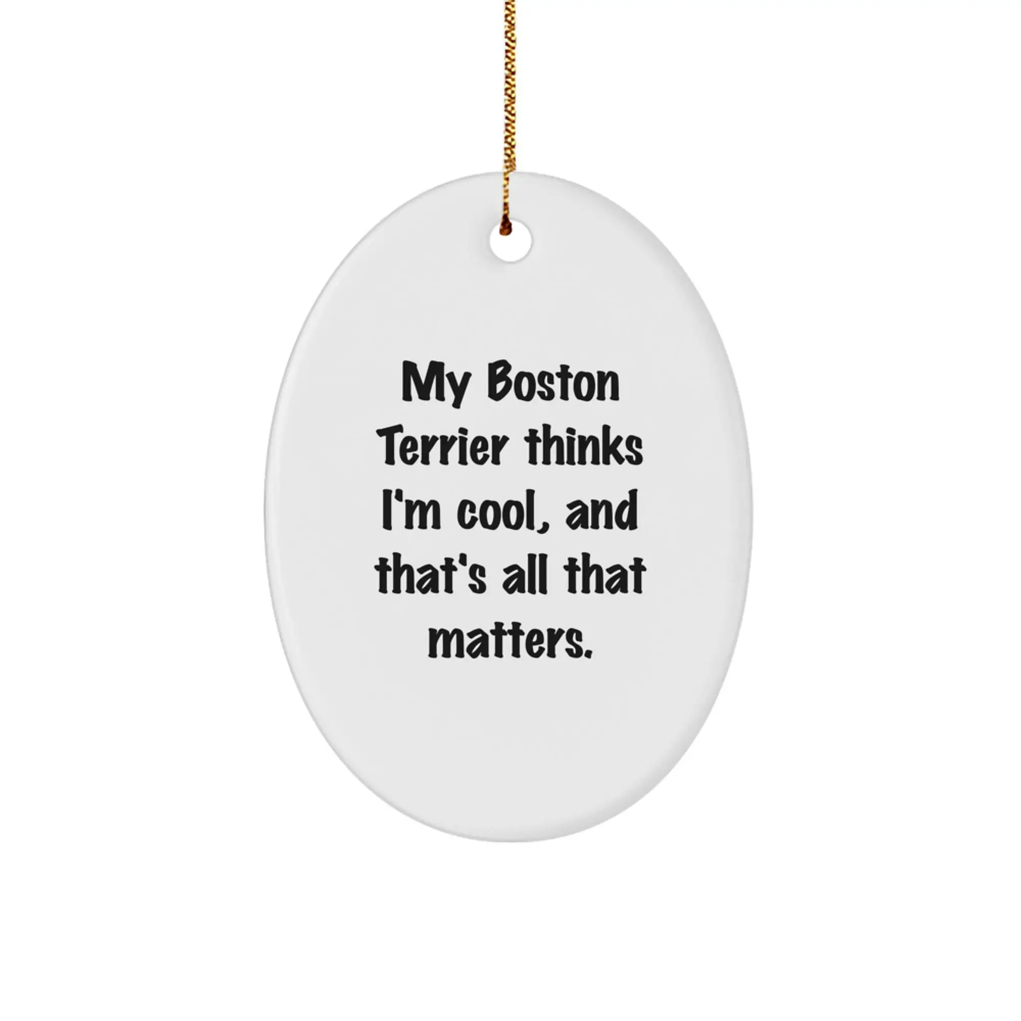 Funny Boston Terrier Dog Oval Ornament Gifts from Friends and Family for Christmas - 'My Boston Terrier Thinks I'm Cool, And That's All That Matters.' - Image 1
